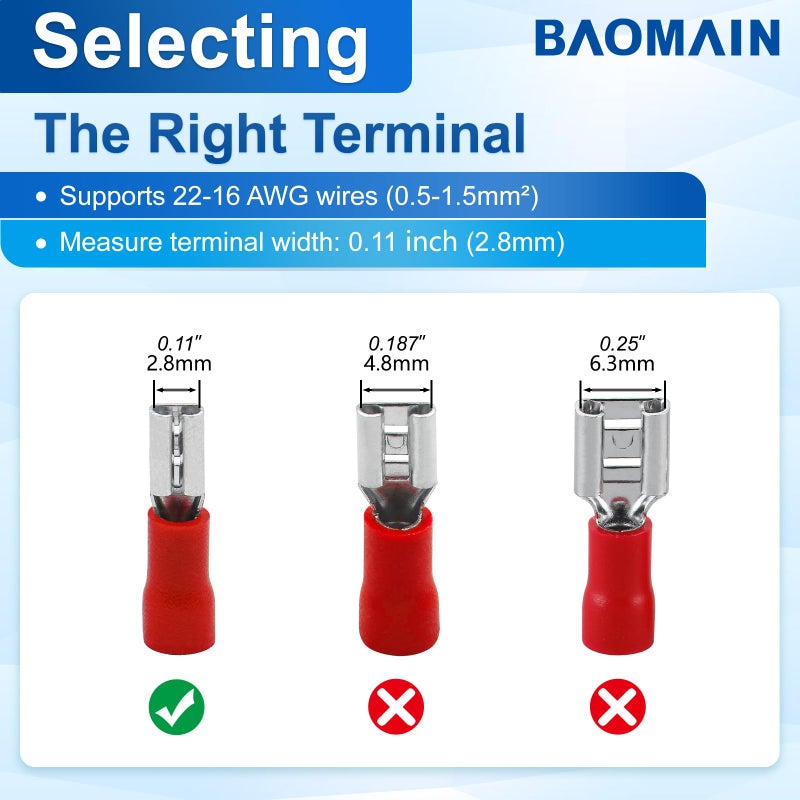 Baomain 0.11" Female Quick Disconnect Spade Terminals,Insulated Crimp Connectors 22-16 AWG 2.8mm,Red, (100-Pack) - Image 4